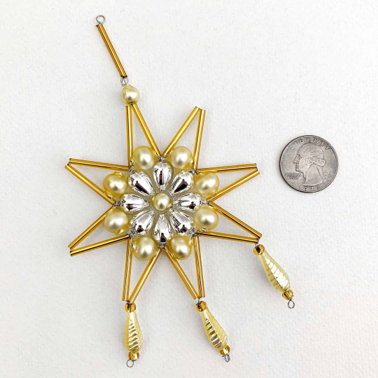 Matte Pale Yellow and Silver Glass Bead Fancy Snowflake Ornament ~ 6" ~ Czech Republic