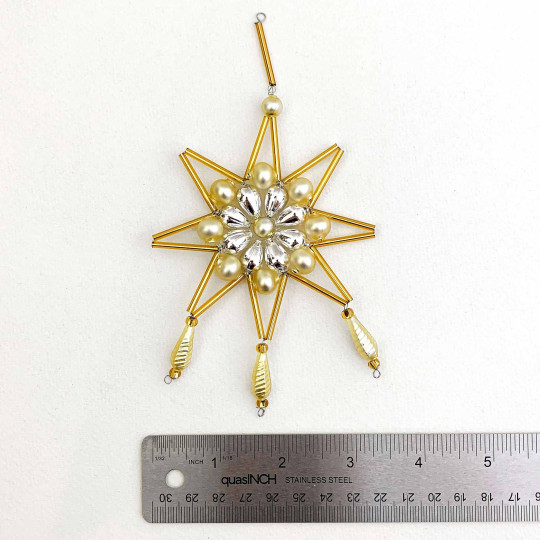 Matte Pale Yellow and Silver Glass Bead Fancy Snowflake Ornament ~ 6" ~ Czech Republic