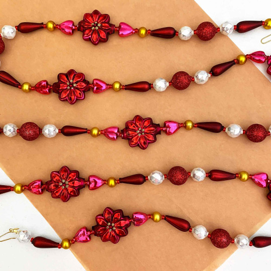 Fancy Poinsettia Glass Bead Christmas Garland ~ 180 cm ~ Czech Republic