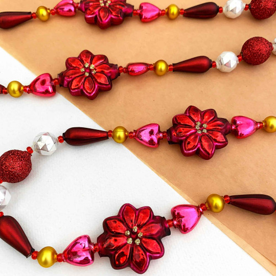 Fancy Poinsettia Glass Bead Christmas Garland ~ 180 cm ~ Czech Republic