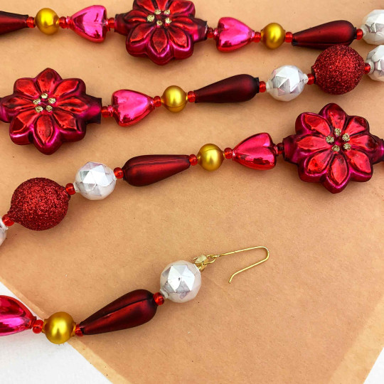Fancy Poinsettia Glass Bead Christmas Garland ~ 180 cm ~ Czech Republic