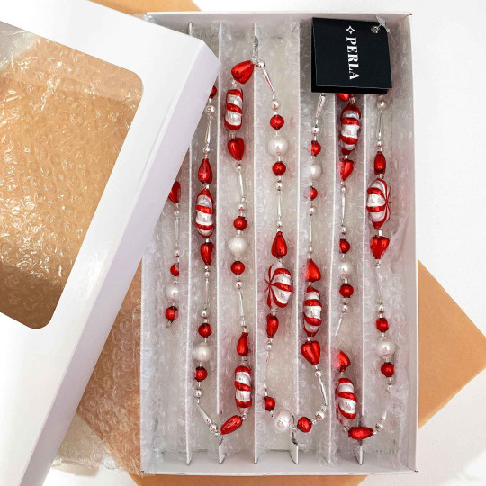 Red and Silver Peppermint Candy Glass Bead Christmas Garland ~ 180 cm ~ Czech Republic