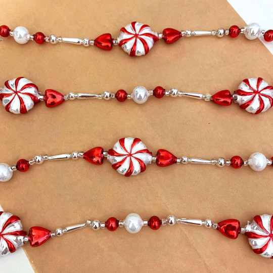 Red and Silver Peppermint Candy Glass Bead Christmas Garland ~ 180 cm ~ Czech Republic