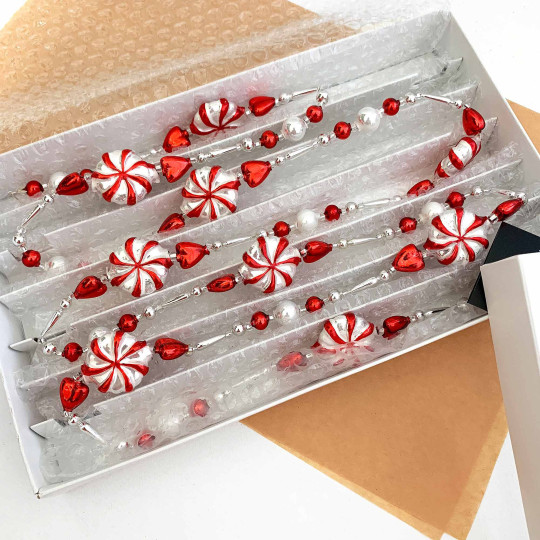 Red and Silver Peppermint Candy Glass Bead Christmas Garland ~ 180 cm ~ Czech Republic