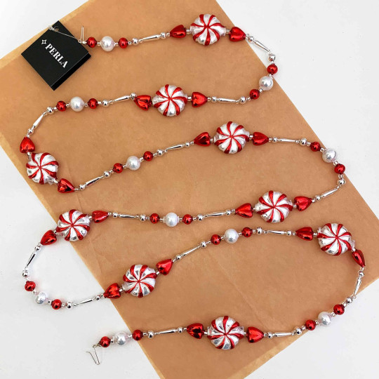 Red and Silver Peppermint Candy Glass Bead Christmas Garland ~ 180 cm ~ Czech Republic