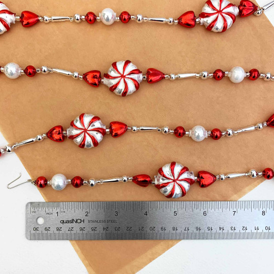 Red and Silver Peppermint Candy Glass Bead Christmas Garland ~ 180 cm ~ Czech Republic
