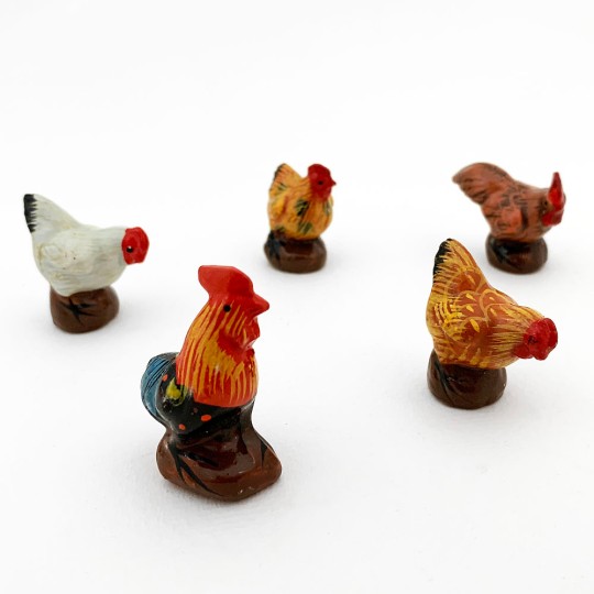 5 Folkloric Pottery Hens Handpainted Miniature Figures