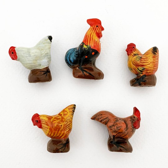5 Folkloric Pottery Hens Handpainted Miniature Figures