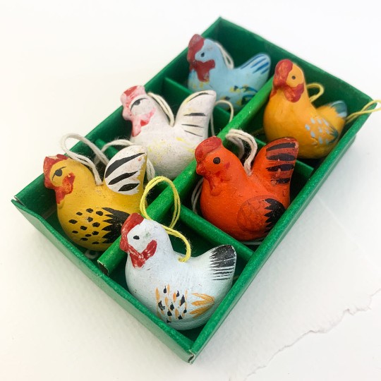 6 Folkloric Pottery Hens Handpainted Ornaments ~ Sweden