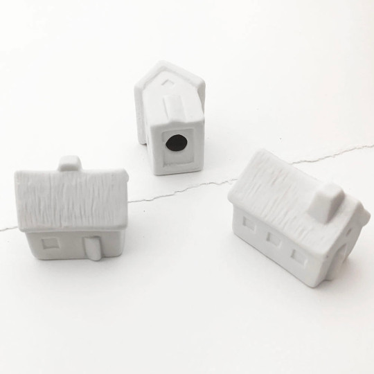 3 Small Houses White Pottery Miniatures  ~ Set of 3