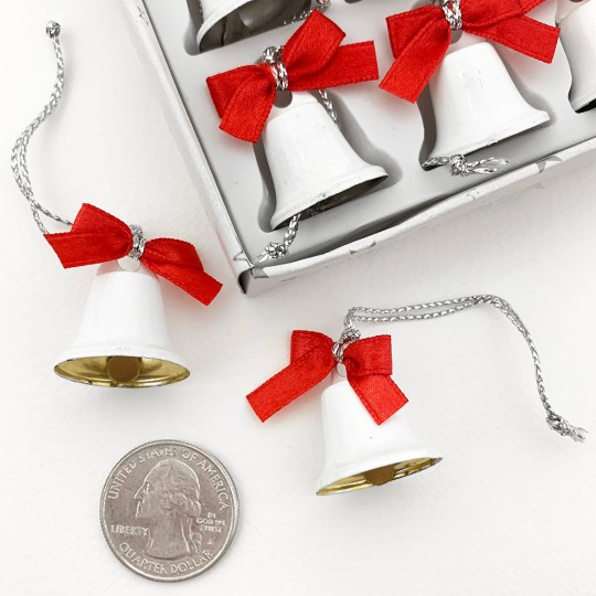 Retro White Miniature Metal Christmas Bells with Bows ~ Set of 12 Ornaments