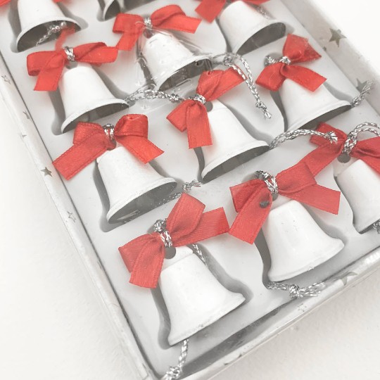 Retro White Miniature Metal Christmas Bells with Bows ~ Set of 12 Ornaments