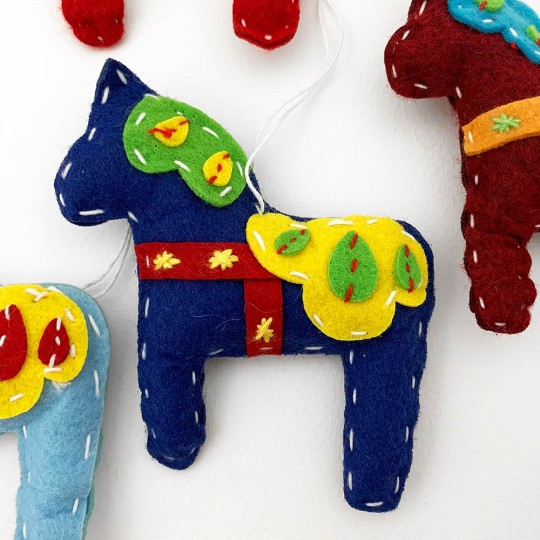 Felt Dala Horses ~ Set of 4 Folkloric Ornaments or Gift Tie-Ons