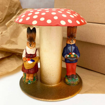 Mushroom and Bunnies Papier Mache Candy Container ~ Germany ~ 5-1/4" tall