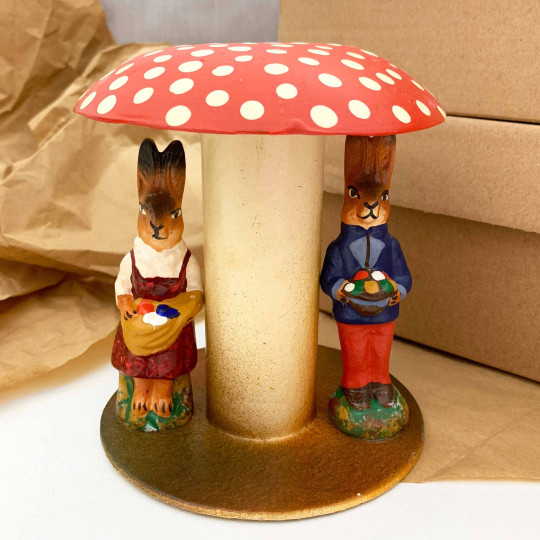 Mushroom and Bunnies Papier Mache Candy Container ~ Germany ~ 5-1/4" tall