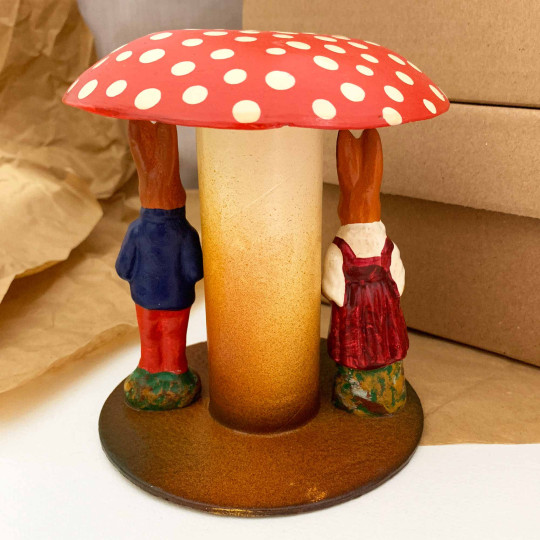 Mushroom and Bunnies Papier Mache Candy Container ~ Germany ~ 5-1/4" tall