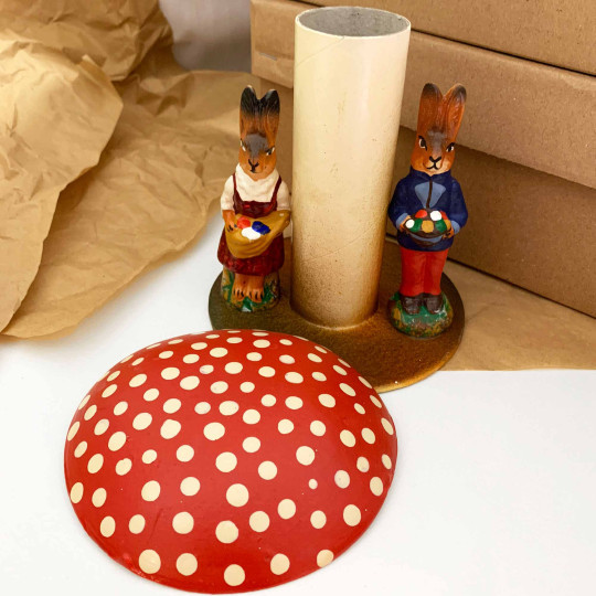 Mushroom and Bunnies Papier Mache Candy Container ~ Germany ~ 5-1/4" tall