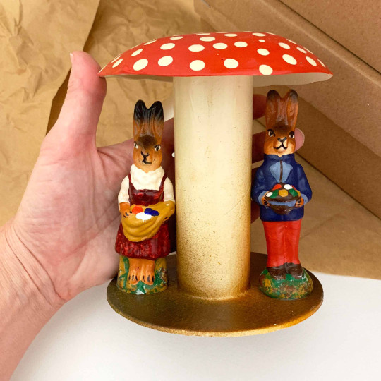 Mushroom and Bunnies Papier Mache Candy Container ~ Germany ~ 5-1/4" tall