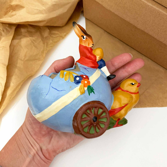 Blue Egg Cart Papier Mache Candy Container ~ Germany ~ 5-1/4" tall