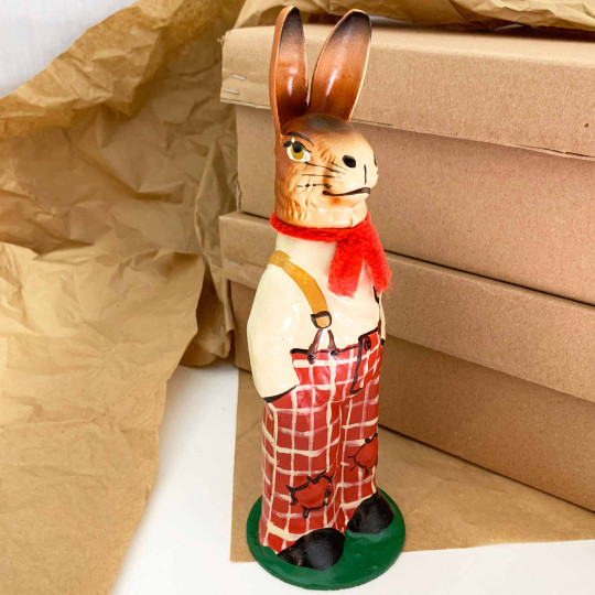 Standing Bunny in Checkered Pants Papier Mache Candy Container ~ Germany ~ 9-1/2" tall