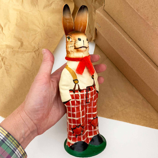 Standing Bunny in Checkered Pants Papier Mache Candy Container ~ Germany ~ 9-1/2" tall