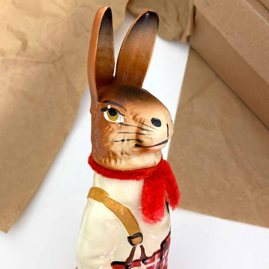 Standing Bunny in Checkered Pants Papier Mache Candy Container ~ Germany ~ 9-1/2" tall