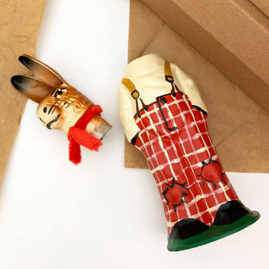 Standing Bunny in Checkered Pants Papier Mache Candy Container ~ Germany ~ 9-1/2" tall