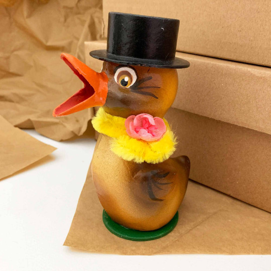 Easter Chick with Top Hat and Yellow Scarf Papier Mache Candy Container ~ Germany ~ 5-3/4" tall