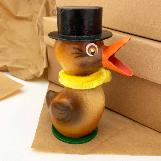 Easter Chick with Top Hat and Yellow Scarf Papier Mache Candy Container ~ Germany ~ 5-3/4" tall