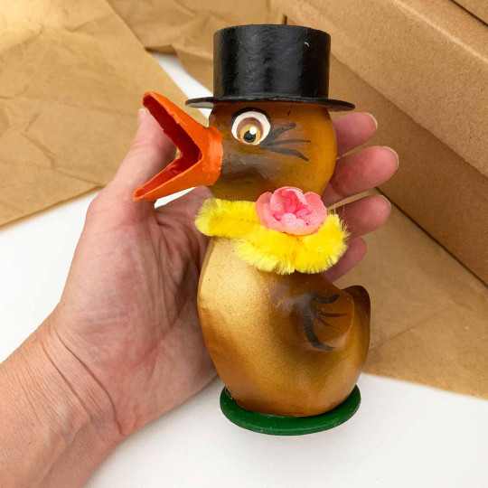 Easter Chick with Top Hat and Yellow Scarf Papier Mache Candy Container ~ Germany ~ 5-3/4" tall