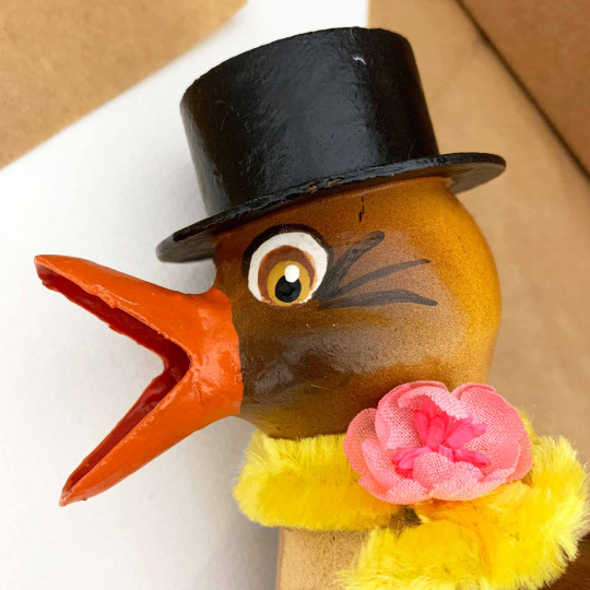 Easter Chick with Top Hat and Yellow Scarf Papier Mache Candy Container ~ Germany ~ 5-3/4" tall