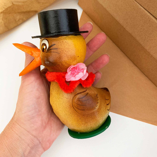 Easter Chick with Top Hat and Red Scarf Papier Mache Candy Container ~ Germany ~ 5-3/4" tall