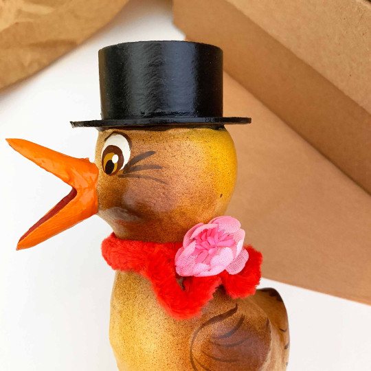 Easter Chick with Top Hat and Red Scarf Papier Mache Candy Container ~ Germany ~ 5-3/4" tall