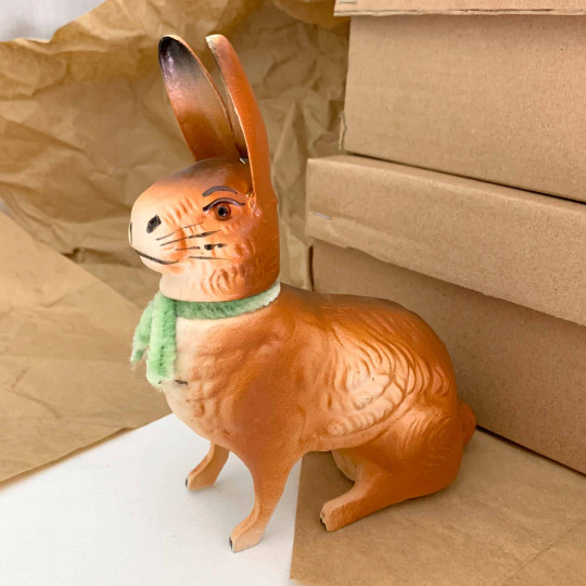 Classic Sitting Easter Bunny Papier Mache Candy Container ~ Germany ~ 7" tall