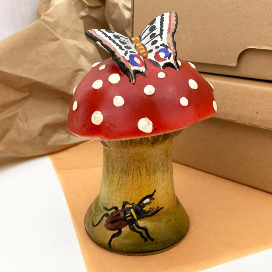 Red Botanical Mushroom Papier Mache Candy Container ~ Germany ~ 6-1/2" tall