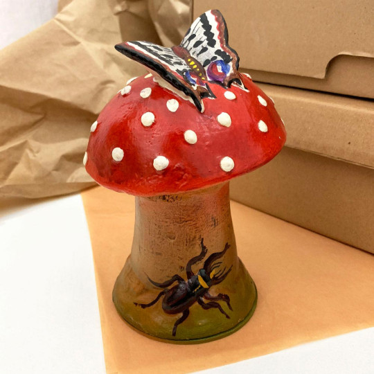 Red Botanical Mushroom Papier Mache Candy Container ~ Germany ~ 6-1/2" tall