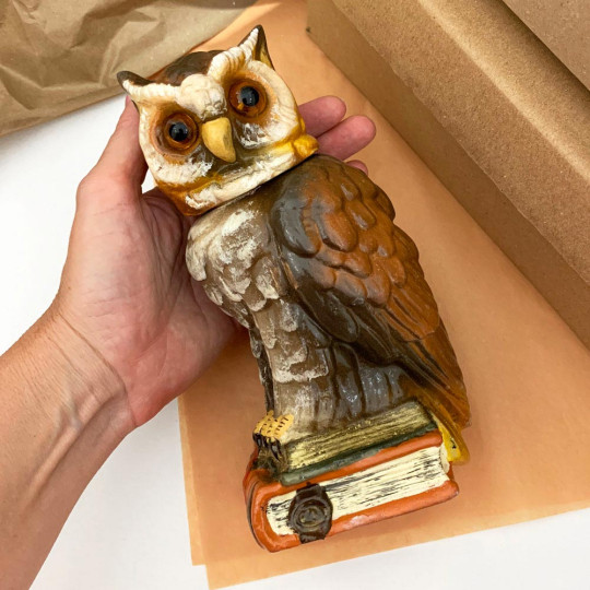 Owl on Books Papier Mache Candy Container ~ Germany ~ 7-5/8" tall