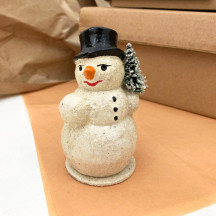 Small Snowman with Tree Papier Mache Candy Container ~ Left Hand Tree ~ Germany ~ 4" tall