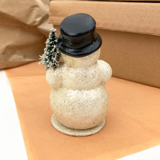 Small Snowman with Tree Papier Mache Candy Container ~ Left Hand Tree ~ Germany ~ 4" tall