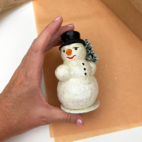 Small Snowman with Tree Papier Mache Candy Container ~ Left Hand Tree ~ Germany ~ 4" tall