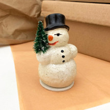 Small Snowman with Tree Papier Mache Candy Container ~ Right Hand Tree ~ Germany ~ 4" tall