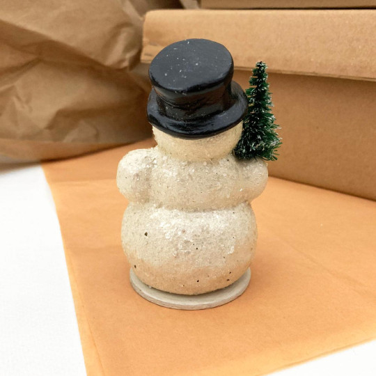 Small Snowman with Tree Papier Mache Candy Container ~ Right Hand Tree ~ Germany ~ 4" tall