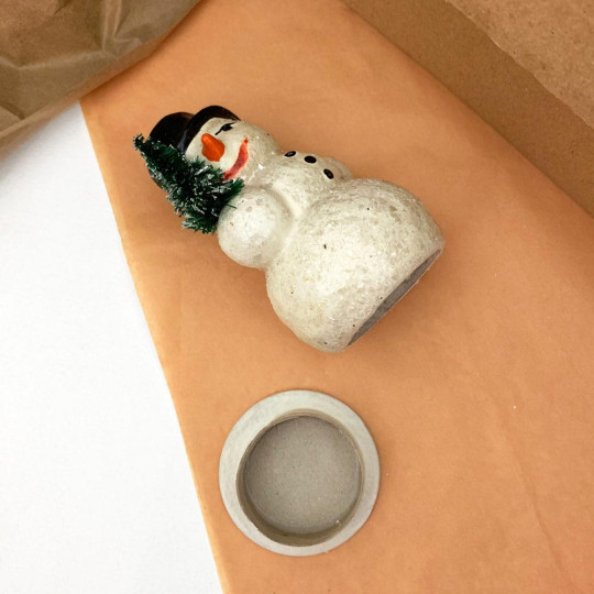 Small Snowman with Tree Papier Mache Candy Container ~ Right Hand Tree ~ Germany ~ 4" tall