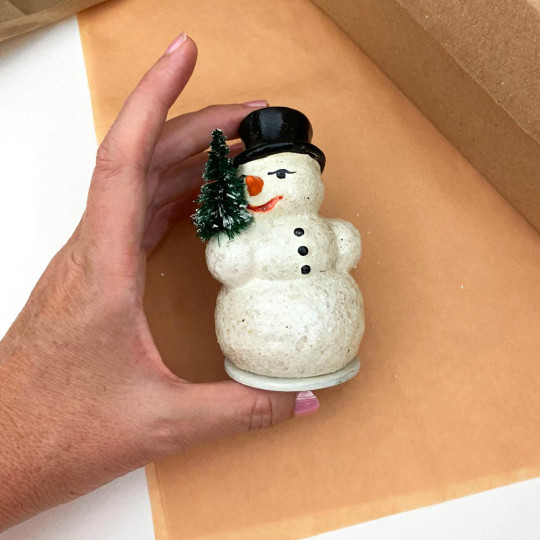 Small Snowman with Tree Papier Mache Candy Container ~ Right Hand Tree ~ Germany ~ 4" tall