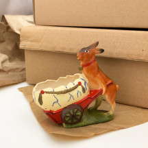 Bunnt with Egg Wheelbarrow Papier Mache Candy Container ~ Germany ~ 4" tall