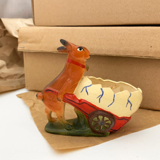 Bunnt with Egg Wheelbarrow Papier Mache Candy Container ~ Germany ~ 4" tall