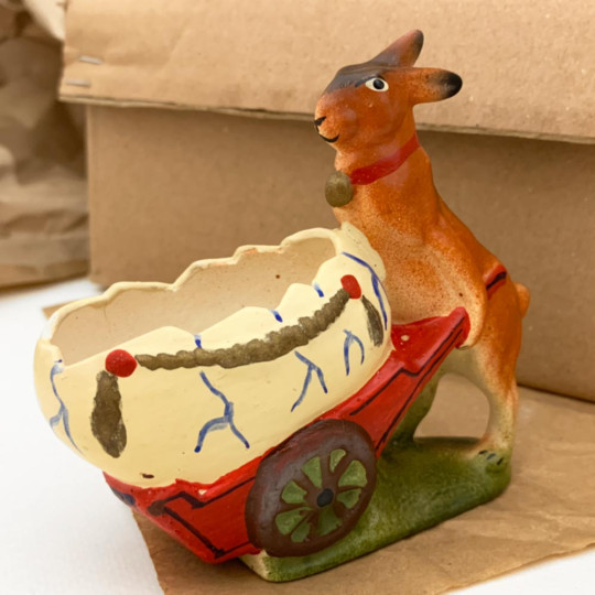 Bunnt with Egg Wheelbarrow Papier Mache Candy Container ~ Germany ~ 4" tall