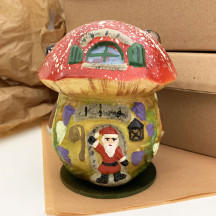 Red Santa Mushroom House Papier Mache Candy Container ~ Germany ~ 5-1/2" tall