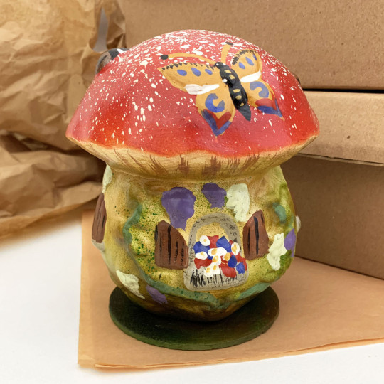 Red Santa Mushroom House Papier Mache Candy Container ~ Germany ~ 5-1/2" tall