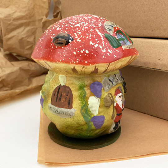 Red Santa Mushroom House Papier Mache Candy Container ~ Germany ~ 5-1/2" tall